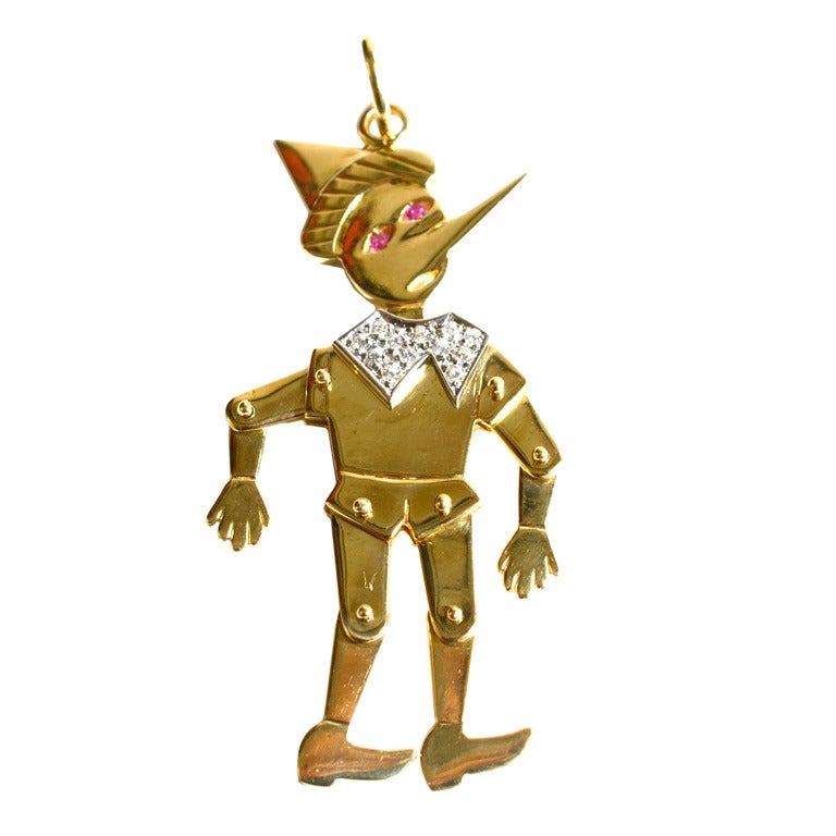 Pinocchio Moveable Diamond Yellow Gold Pendant