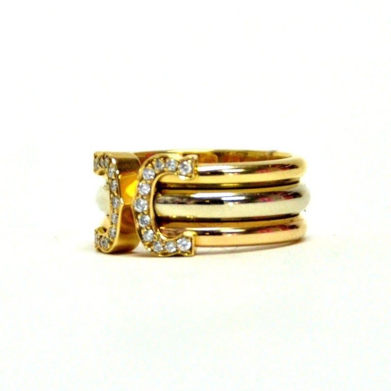 Cartier Tri Color Trinity  Double C Ring Gold Diamonds.