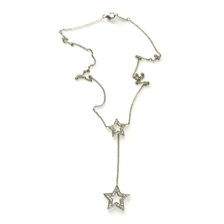 Contemporary Tiffany& Co Double Star Diamond Drop Pendant White Gold.
