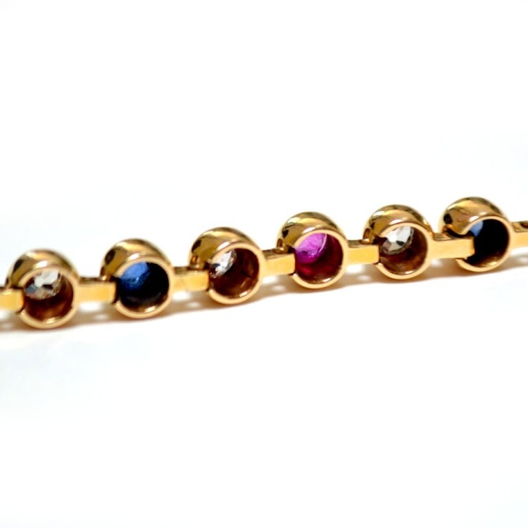 1900's Exqusite French Diamond Ruby & Sapphire Gold Bracelet. In Excellent Condition In Houston, TX