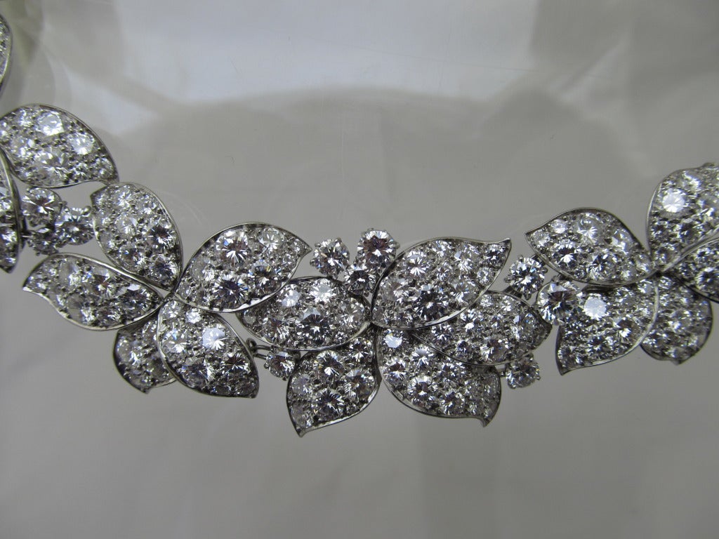Round Cut Collection of Helene Arpels Superb Diamond Platinum Flower Necklace and Ear Clip