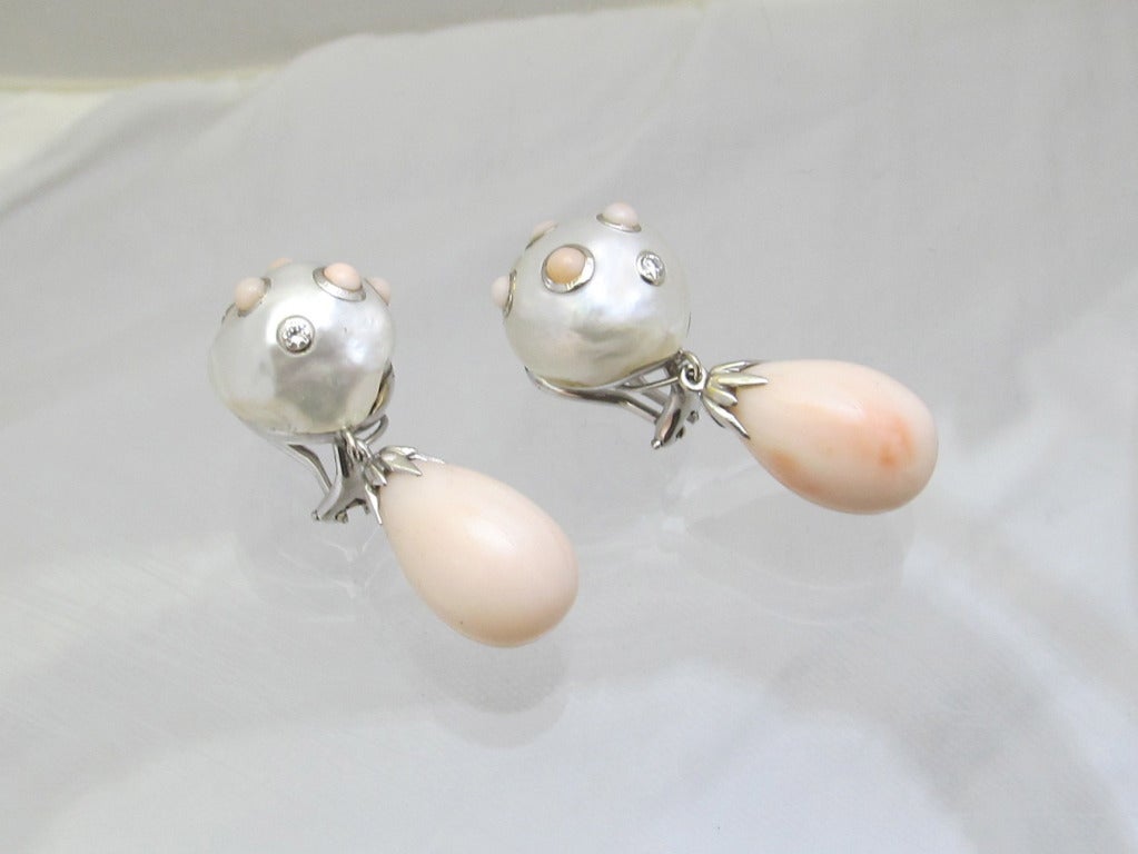 Trianon Pearl Coral Diamond Earrings