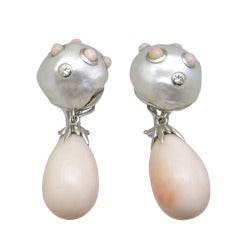 Trianon Pearl Coral Diamond Earrings