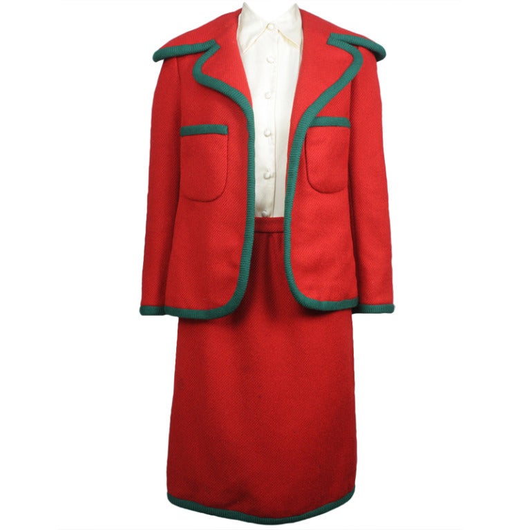 1960s Geoffrey Beene Red and Green Skirt Suit For Sale