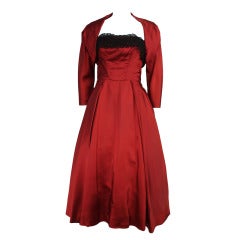 1950s Red Satin and Black Lace Flare Dress and Bolero Jacket