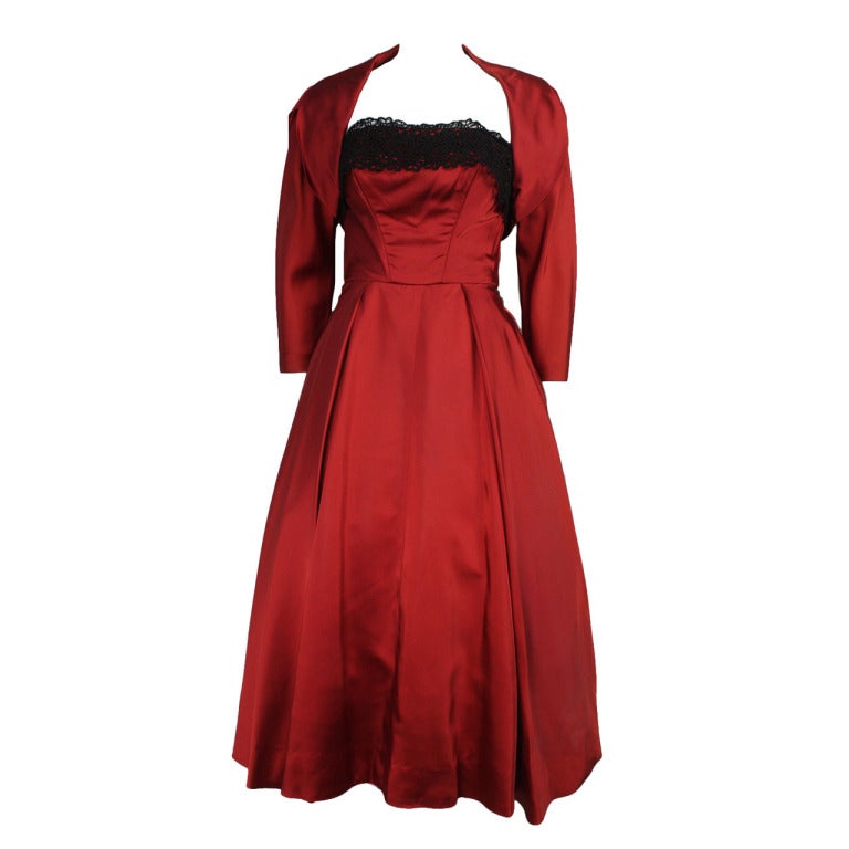 1950s Red Satin and Black Lace Flare Dress and Bolero Jacket For Sale