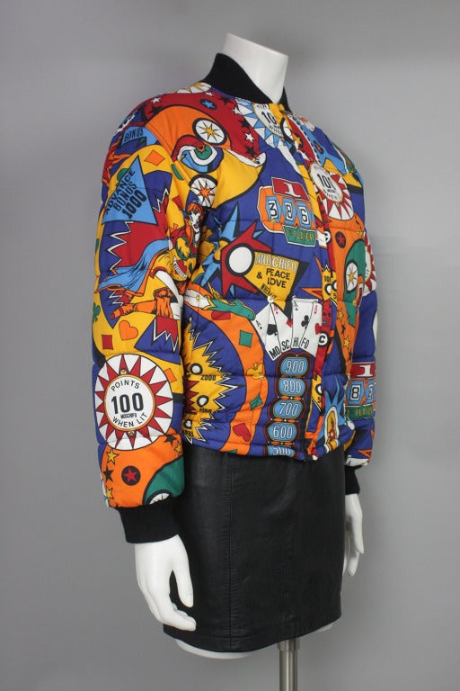 Moschino Pinball Print Puffer Bomber Jacket In Excellent Condition In New York, NY