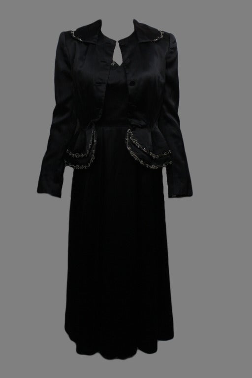 1950s Satin Beaded Hattie Carnegie Dress & Jacket Ensemble