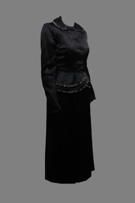 Black 1950s Satin Beaded Hattie Carnegie Dress & Jacket Ensemble For Sale