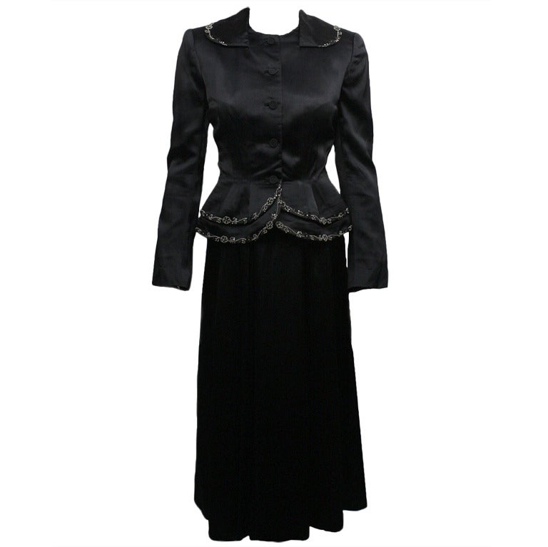 1950s Satin Beaded Hattie Carnegie Dress & Jacket Ensemble For Sale