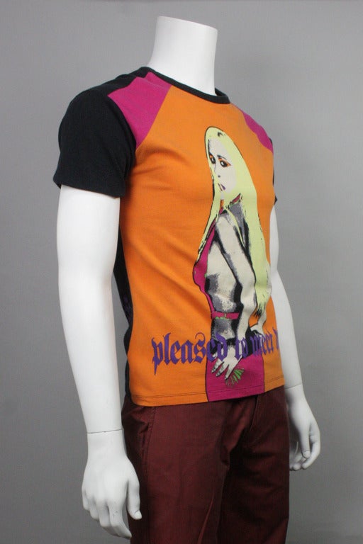 T-shirt with pop art style print of Donatella Versace and Rolling Stones lyrics 