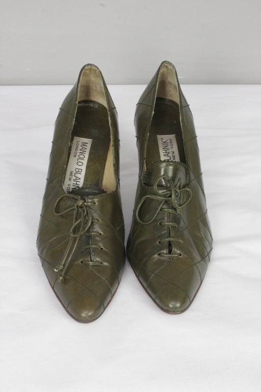 Black 1980s Manolo Blahnik Olive Green Oxford Heels For Sale