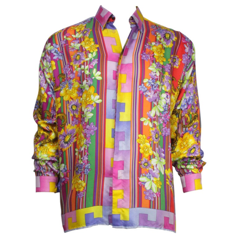 Men's Gianni Versace Bright Floral Print Silk Button Down at 1stdibs