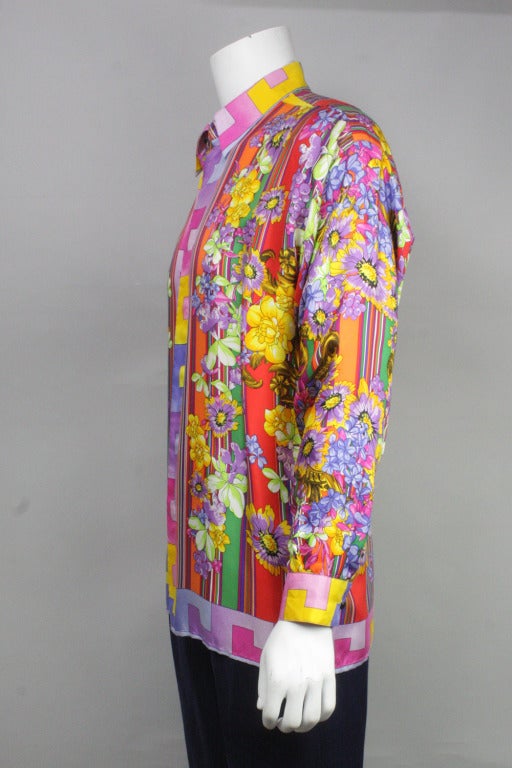 Men's Gianni Versace Bright Floral Print Silk Button Down