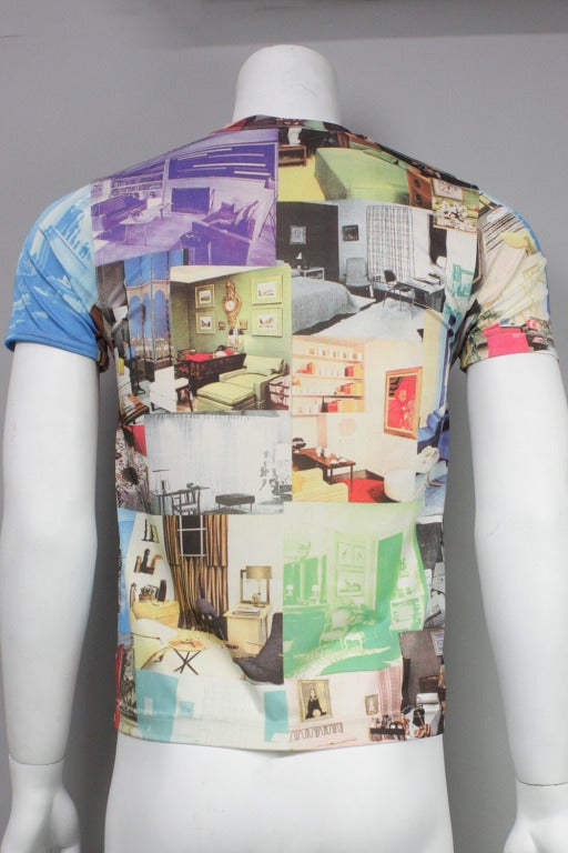 Stretch short sleeve crew neck polyester shirt with collage photo print of vintage interiors! A piece at the intersection of Oldham's eye for fashion and interior design.