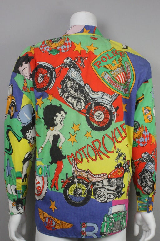 Cotton button down with a vibrant print featuring Betty Boop, Rolls Royce, and motorcycle motifs.