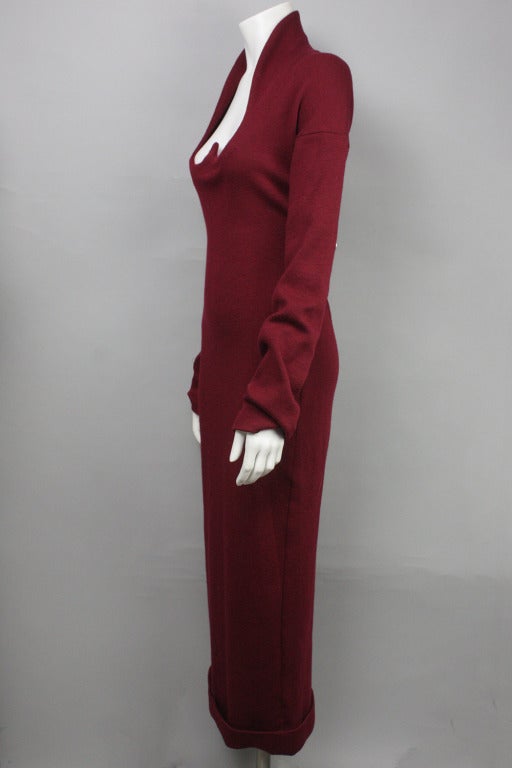 SALE! Originally $425
Stretch wool full length dress with dramatic high collar and sculpted heart shaped neckline. Long, slouchy sleeves. Upturned hem. 

About a US 8.