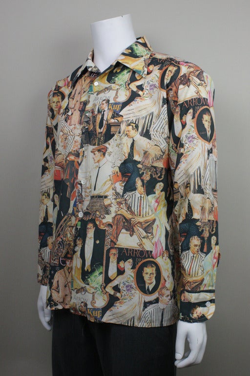 Men's polyester button down with an elaborate 1920s themed illustration collage print. Vintage 1970s.