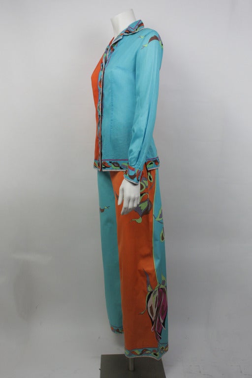 Exceptional late 1960s two piece Emilio Pucci set with cotton blouse and matching palazzo pants.