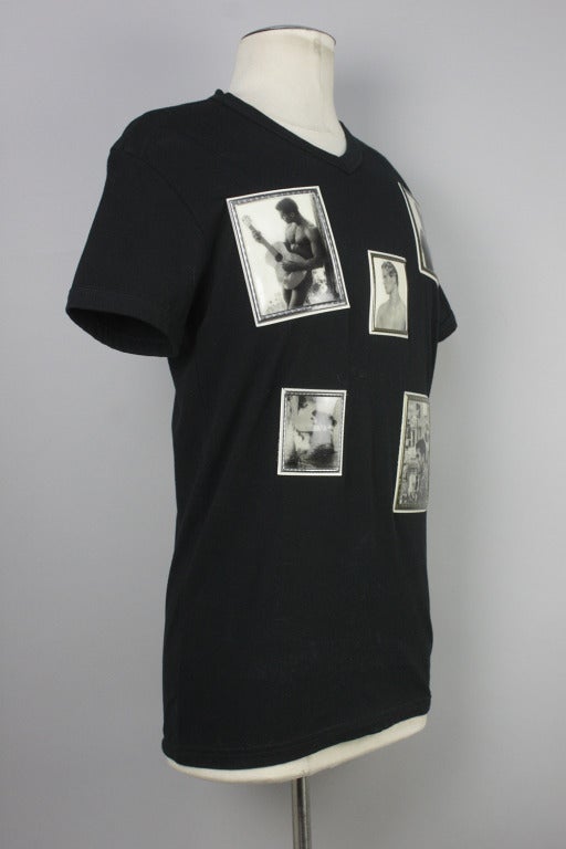 Black cotton V-neck T-shirt adorned with vinyl framed appliques of Bruce Weber photographs. Tag missing but attributed to Gianni Versace-- does have an Ittiere SPA tag.