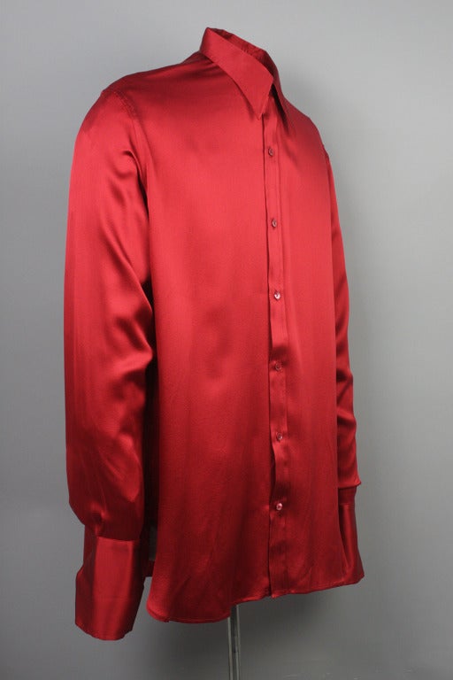 mens red silk button down shirt