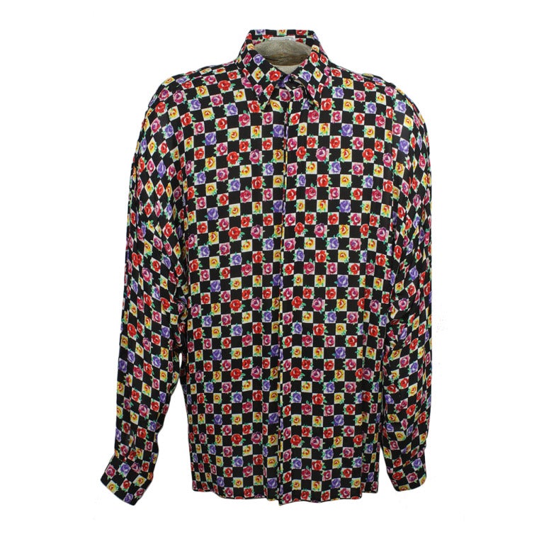 Versace Men's Multicolor Floral Print Sheer Button Down For Sale