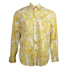 Vintage 1990s Versace Jeans Signature Gold and White Baroque Print Button Down