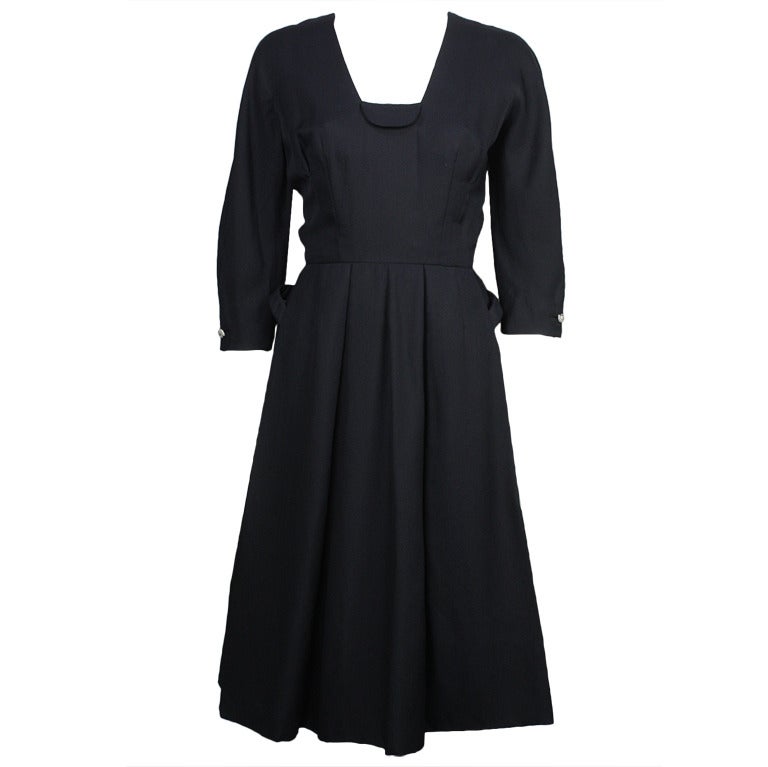 1950s Hattie Carnegie Navy Blue Dress For Sale