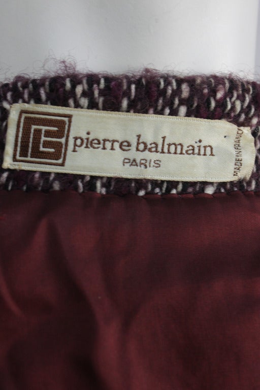 Women's 1980s Pierre Balmain Wine Multicolor Wool Tweed Jacket and Scarf