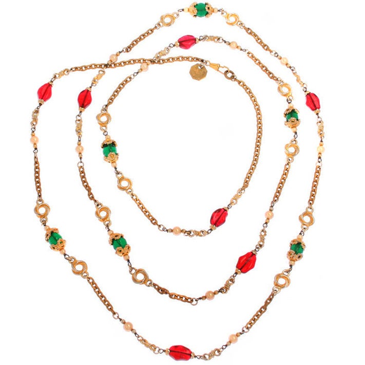 CHANEL Necklace With Green & Red Poured Glass Beads