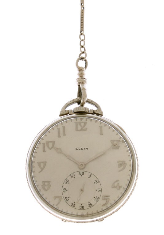 This is a simple and beautifully designed watch with an elegant chain. Very clean and modern for the time.<br />
*Measurements* <br />
The pocket watch measures 1 3/4