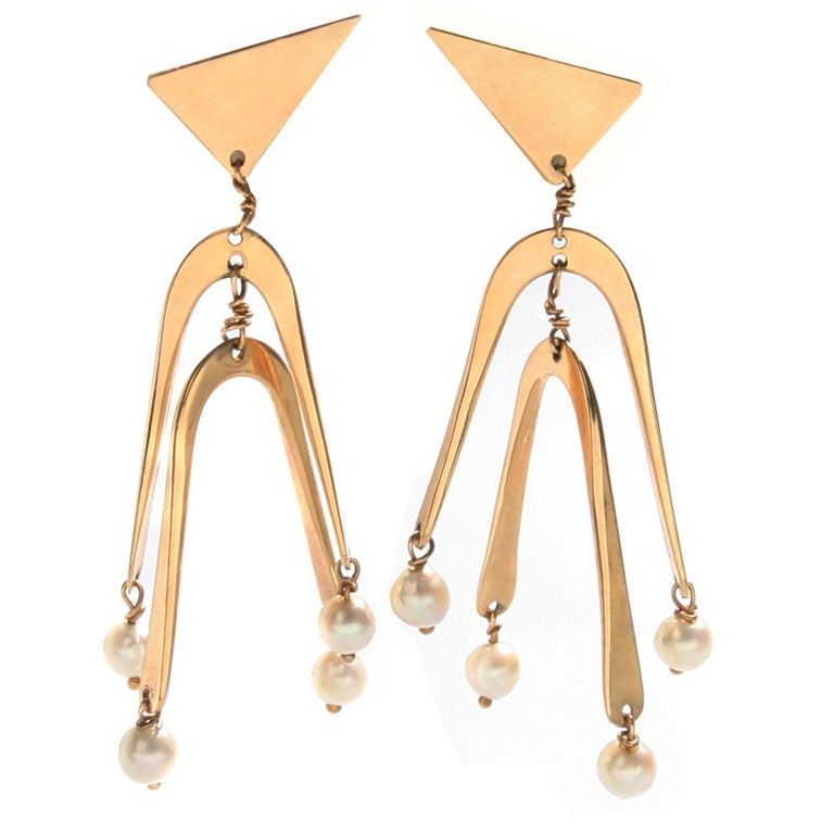 Ed Wiener Gold and Pearl Modernist Kinetic Earrings