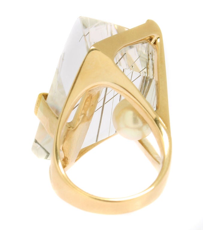 Modernist Rutilated Quartz, Pearl and Gold ring 1
