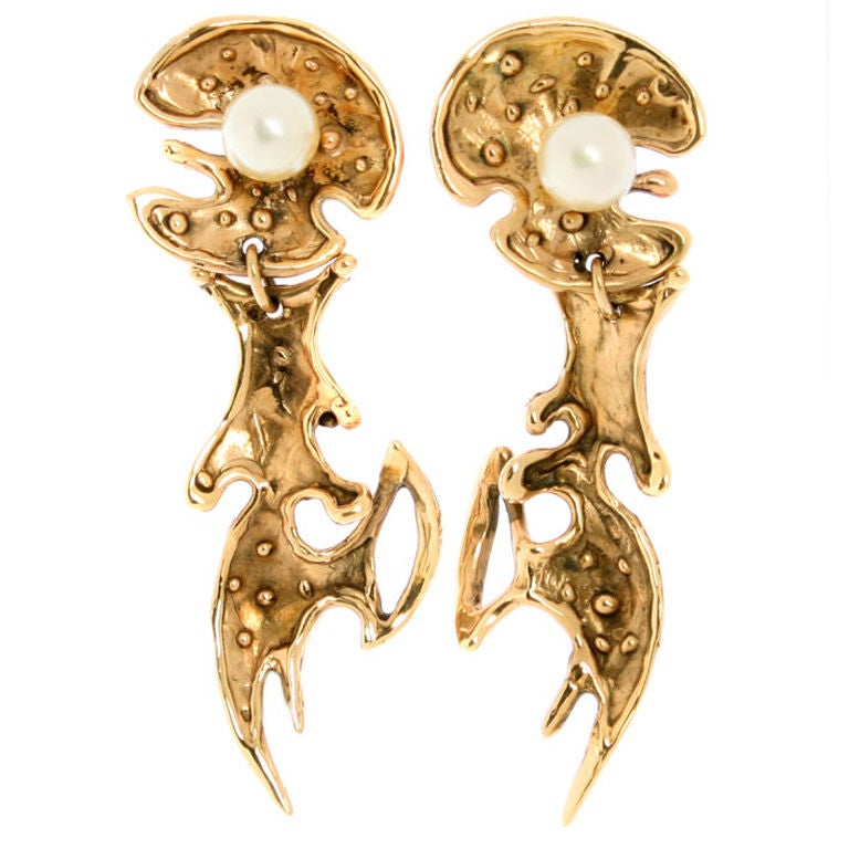 Modernist Gold and Pearl Earrings For Sale