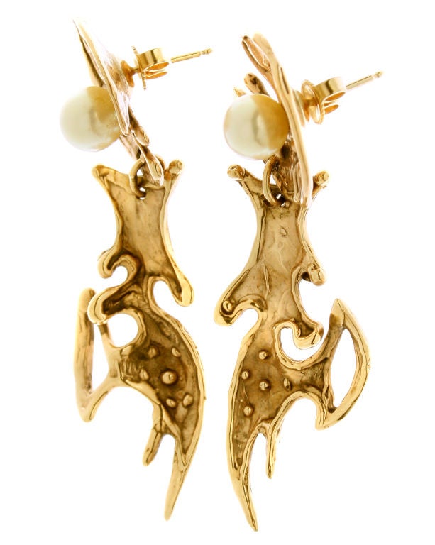 Women's Modernist Gold and Pearl Earrings For Sale
