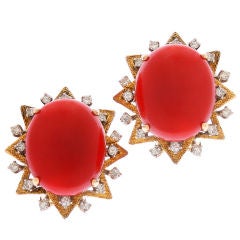 Pair of  Gold, Diamond and Coral Earrings