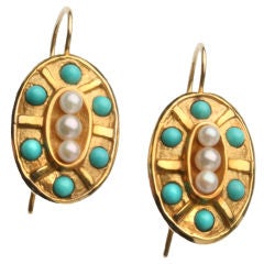 Pair of  Pearl Turquoise and Gold Earrings