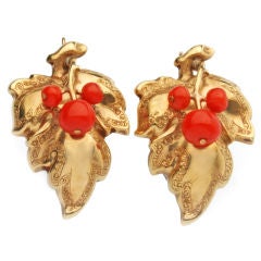 Vintage Pair of Leaf Earrings with Coral