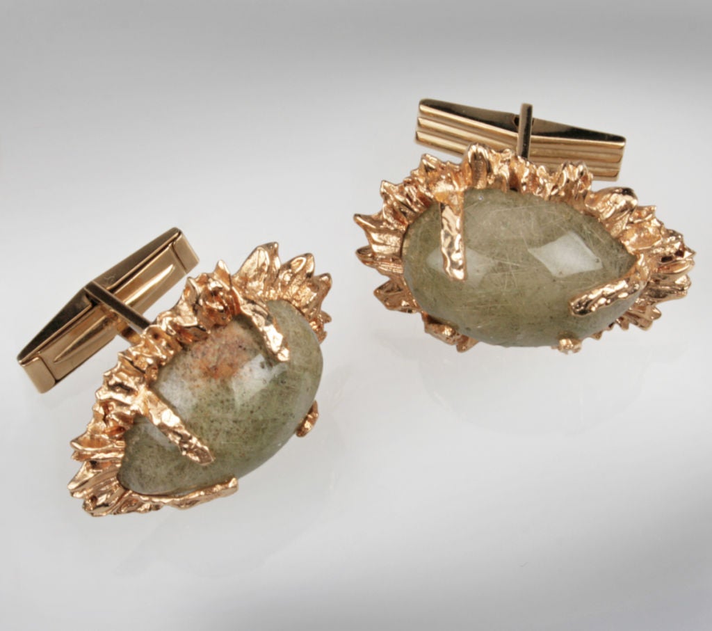  Moss Agate Gold Cuff Links In Excellent Condition In Chicago, IL