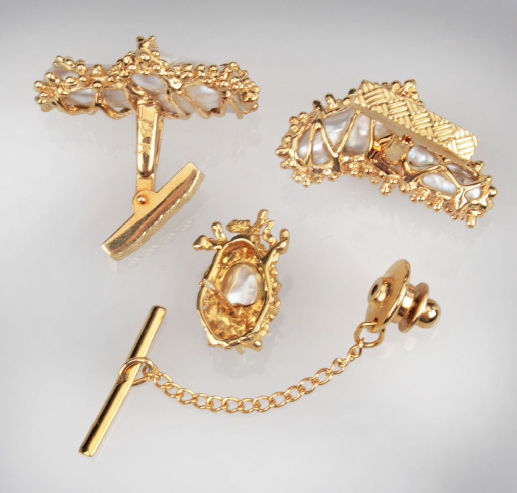 Natural Pearl and Gold Cufflink Tie Tack Set
