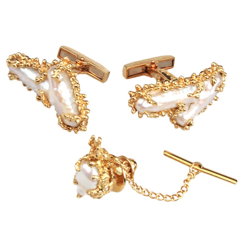 Natural Pearl and Gold Cufflink Tie Tack Set For Sale