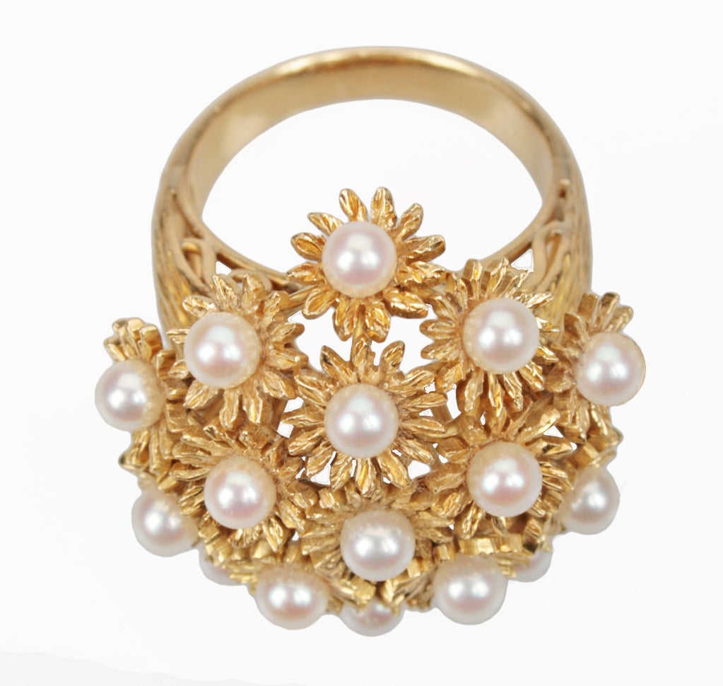 Gold and Pearl Floral Cluster Ring