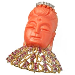 Coral Ruby Diamond Gold Pin in the image of Quan Yin