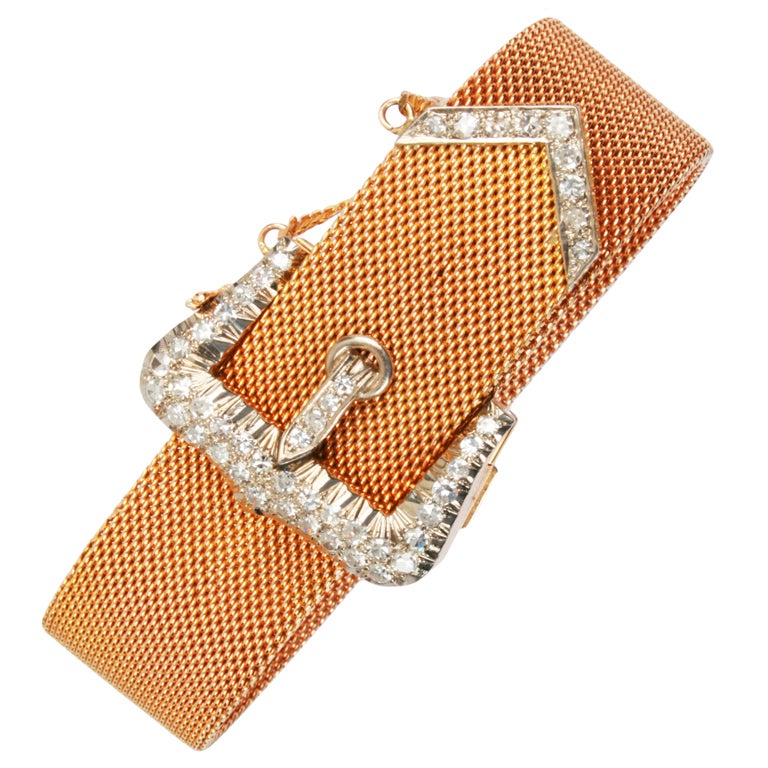 Gold Mesh Diamond Set Buckle Bracelet For Sale