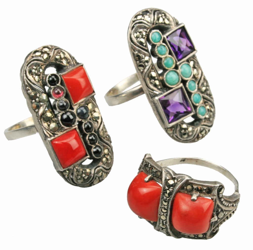 Women's Art Deco Garnet and Coral Ring by Theodore Fahrner For Sale