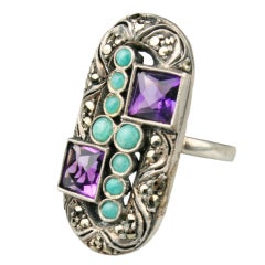 Antique Art Deco Turquoise and Amethyst Ring by Theodore Fahrner