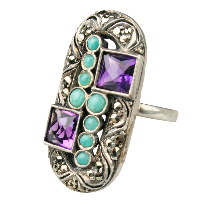 Art Deco Turquoise and Amethyst Ring by Theodore Fahrner For Sale