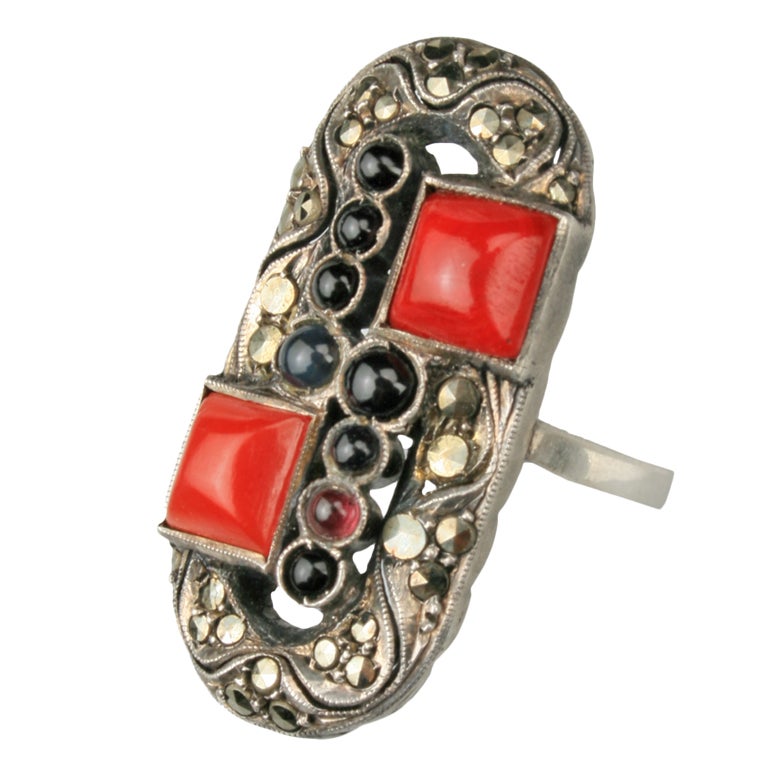 Art Deco Garnet and Coral Ring by Theodore Fahrner For Sale