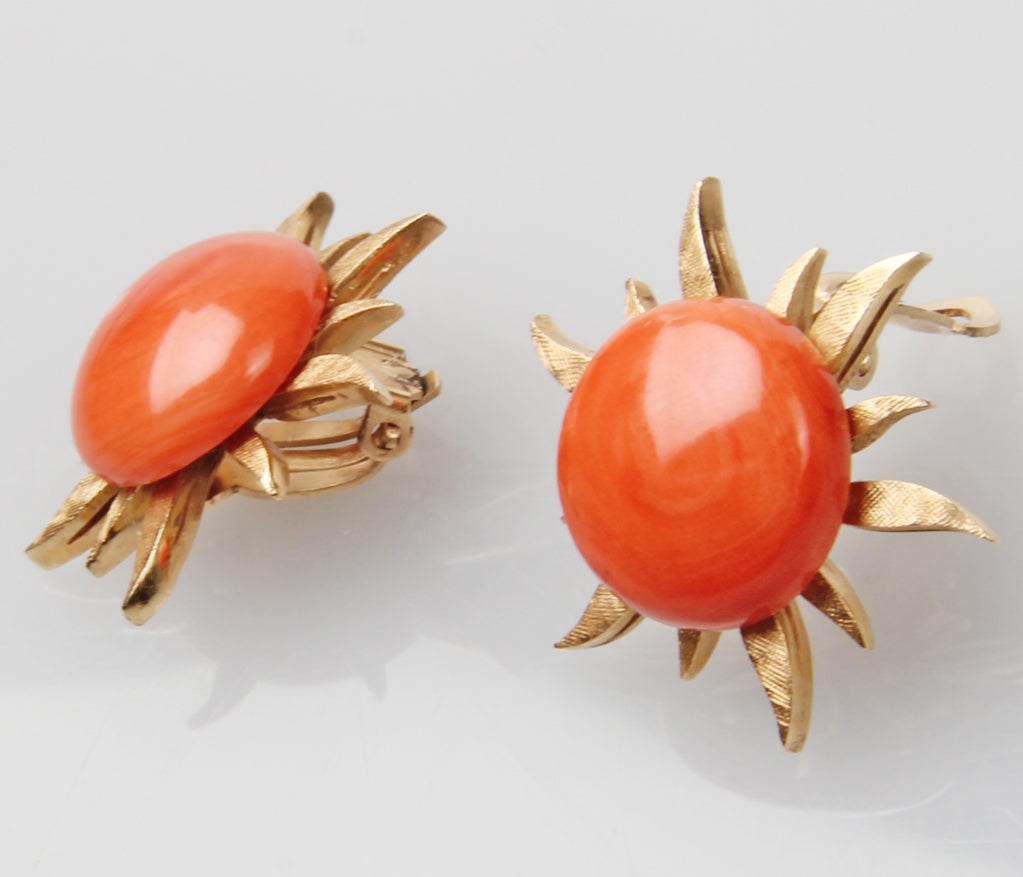 Beautiful coral cabochons surrounded by 14 kt. gold sun rays. The coral measure 16mm across.