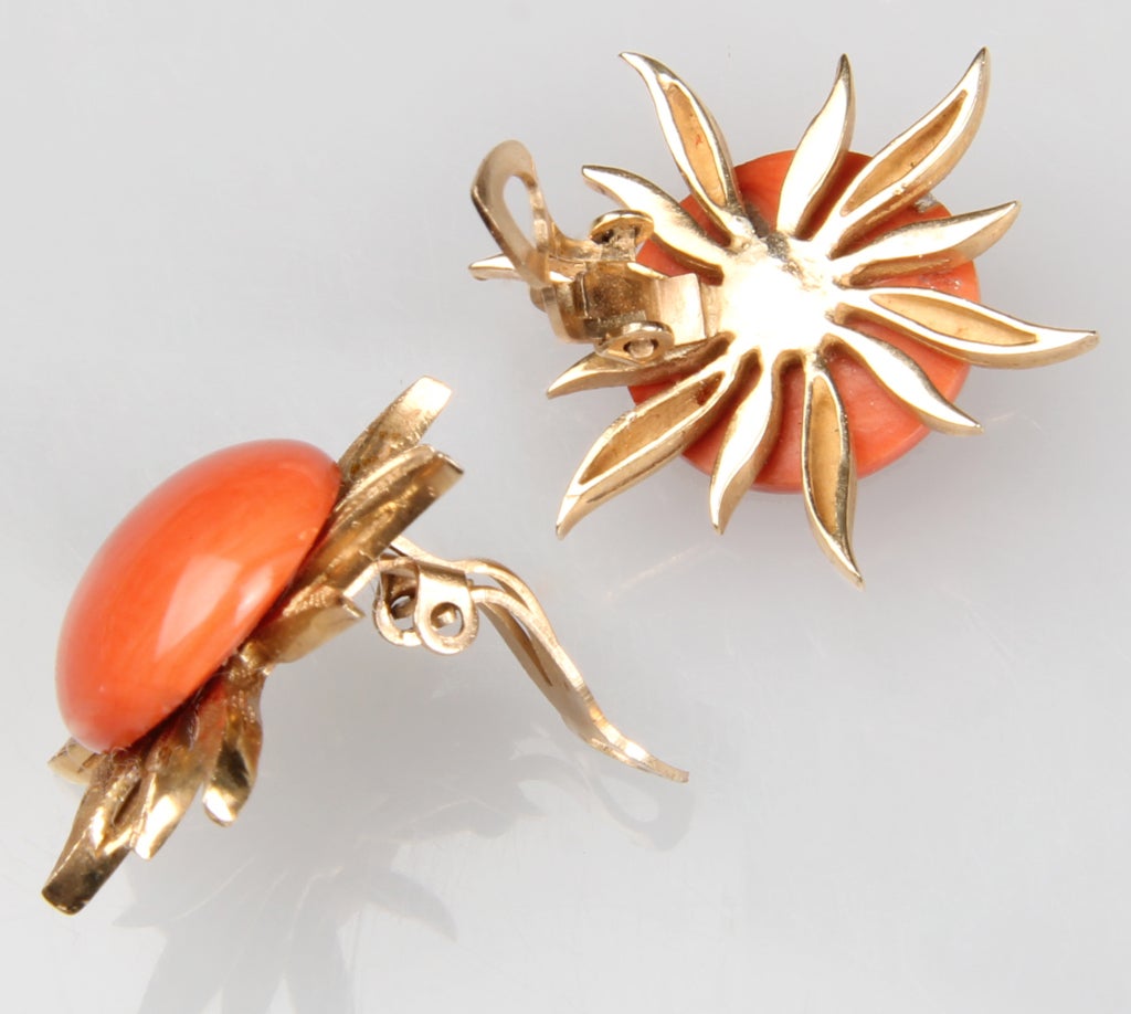 Women's Coral and Gold Sunrburst Earrings For Sale